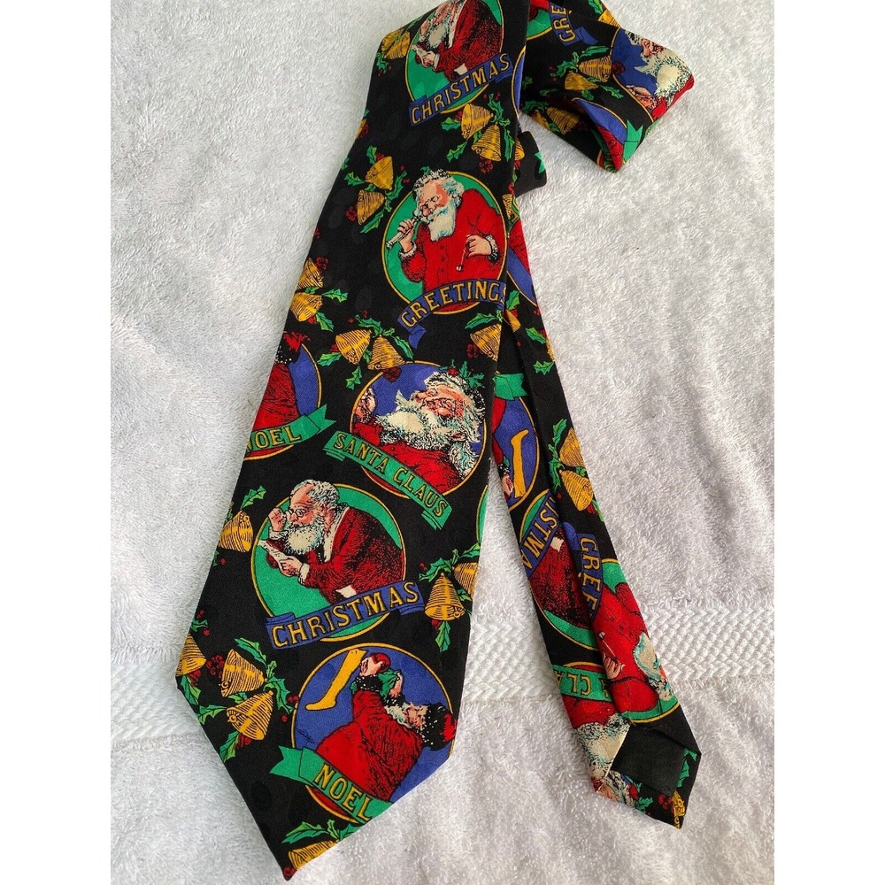 Addiction Black Red Green Christmas Tie Santa Claus Noel 100% Silk